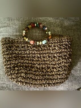 CAPELLI vintage Handwoven Brown Straw Tote with Colorful Beaded Handles